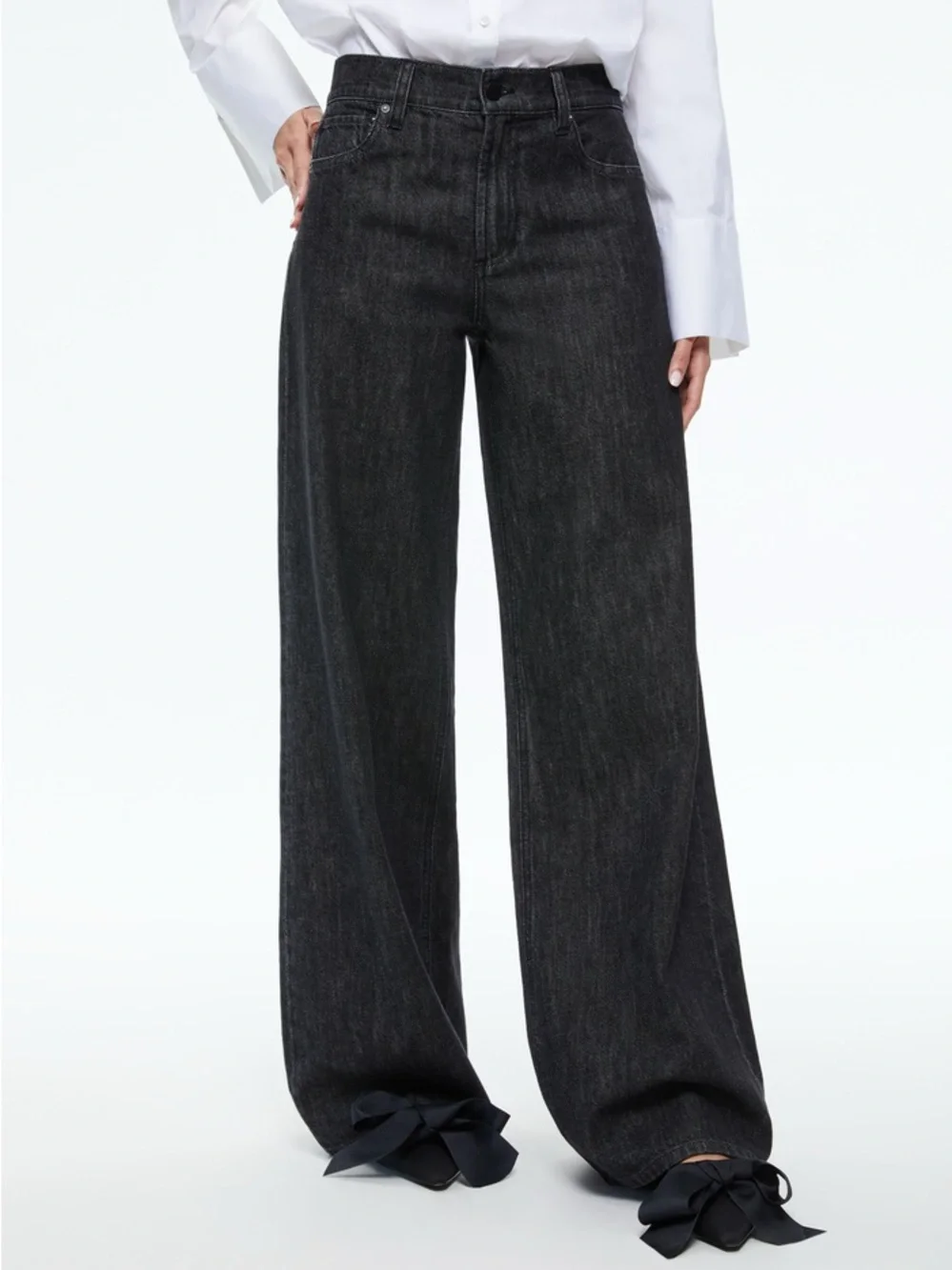 Alice + Olivia Trish Low Rise Baggy Wide Leg Jeans 32 Black Dark Denim Slouchy - Picture 3 of 12
